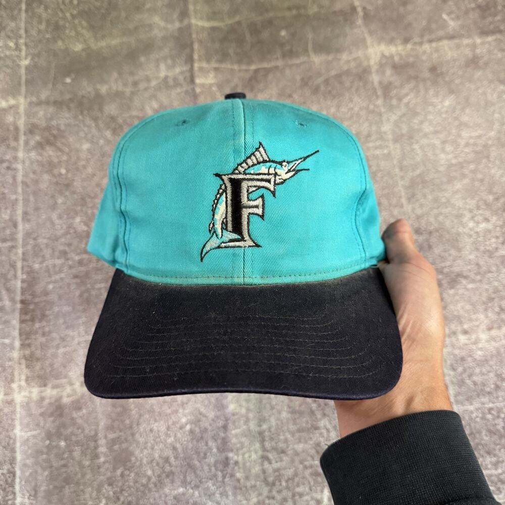 Men's Vintage 90's Twins Florida Marlins Teal Blue Plain Logo Snapback Hat Cap